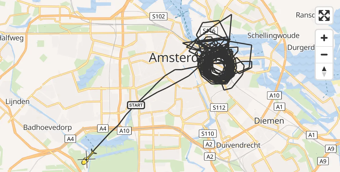 Routekaart van de vlucht: Politiehelikopter naar Badhoevedorp