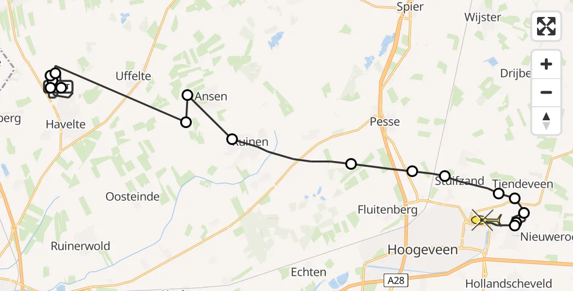 Routekaart van de vlucht: Politieheli naar Vliegveld Hoogeveen