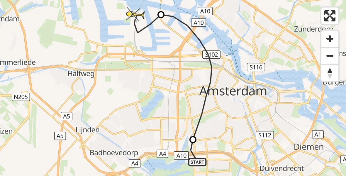 Routekaart van de vlucht: Lifeliner 1 naar Amsterdam Heliport