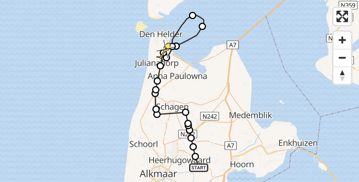 Routekaart van de vlucht: Politiehelikopter naar Vliegveld De Kooy