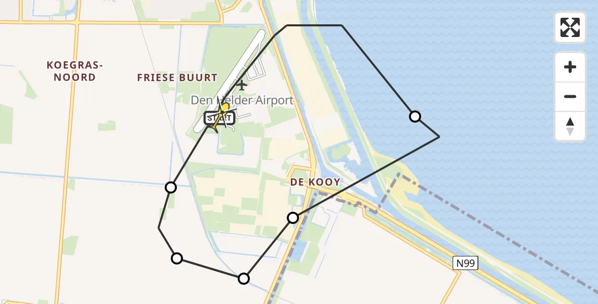 Vluchtroute Politiehelikopter van Vliegveld De Kooy naar Vliegveld De Kooy
