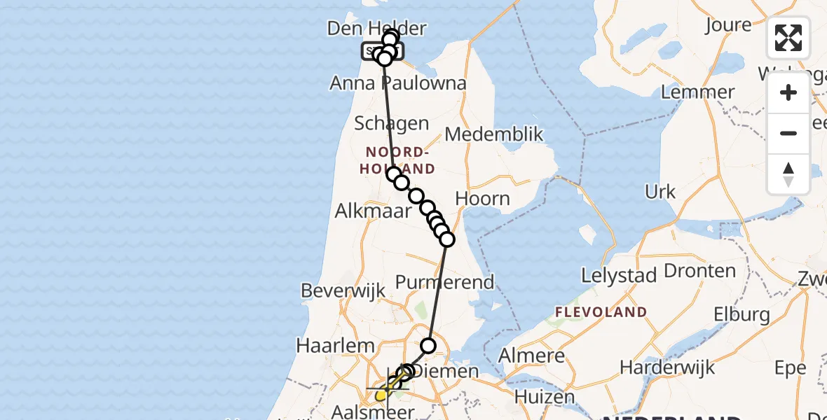 Routekaart van de vlucht: Politieheli naar Schiphol