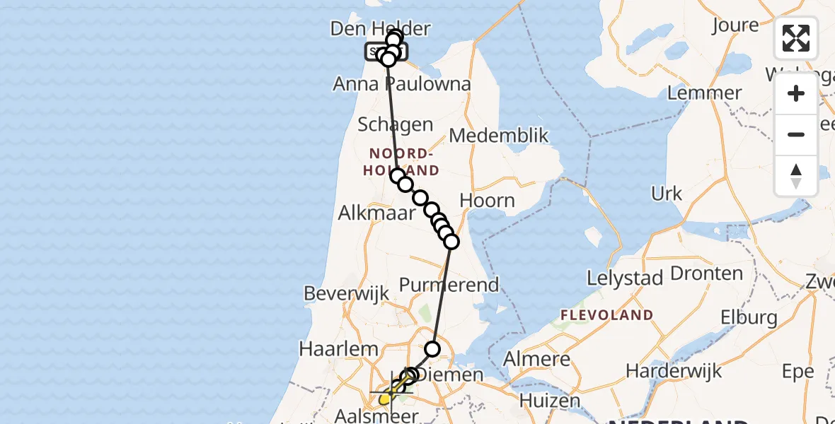 Vluchtroute Politiehelikopter van Vliegveld De Kooy naar Schiphol
