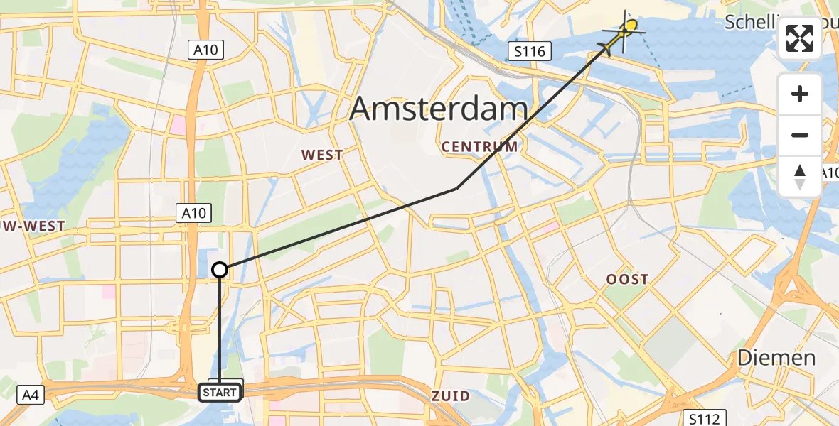 Routekaart van de vlucht: Politieheli naar Amsterdam