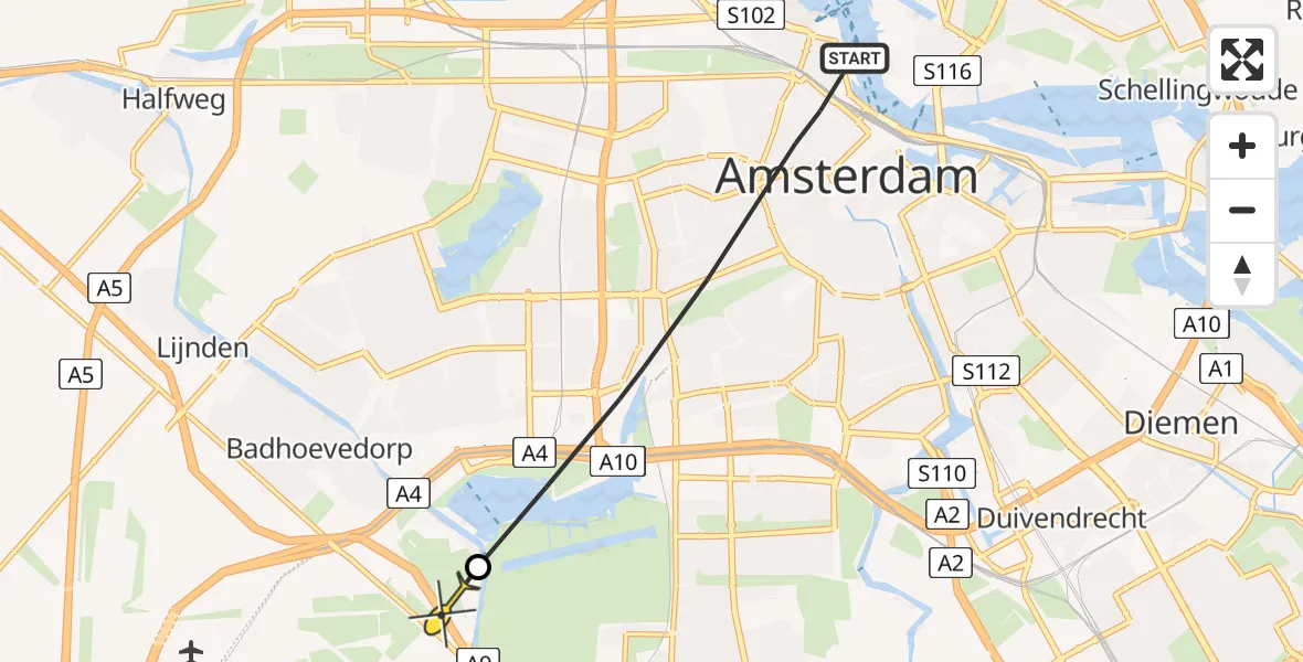 Routekaart van de vlucht: Politieheli naar Badhoevedorp
