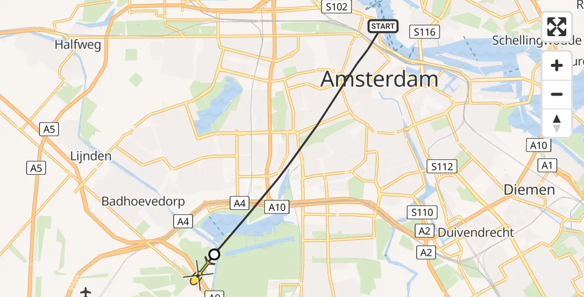 Routekaart van de vlucht: Politiehelikopter naar Badhoevedorp