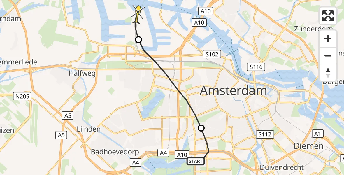 Routekaart van de vlucht: Lifeliner 1 naar Amsterdam Heliport