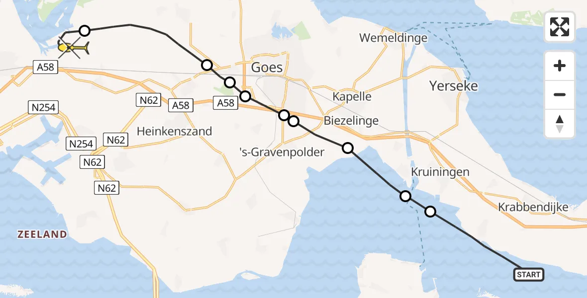 Routekaart van de vlucht: Politieheli naar Vliegveld Midden-Zeeland