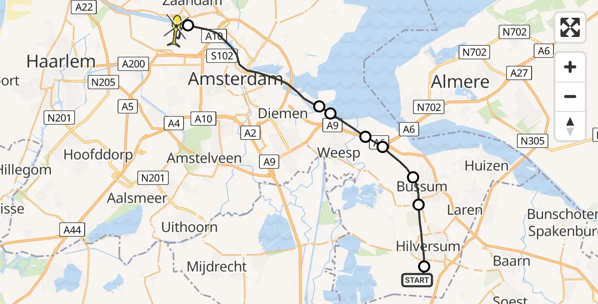 Routekaart van de vlucht: Lifeliner 1 naar Amsterdam Heliport