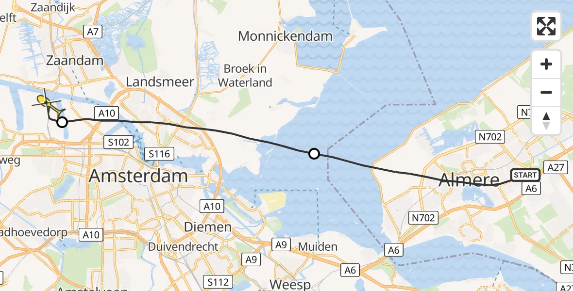 Routekaart van de vlucht: Lifeliner 1 naar Amsterdam Heliport