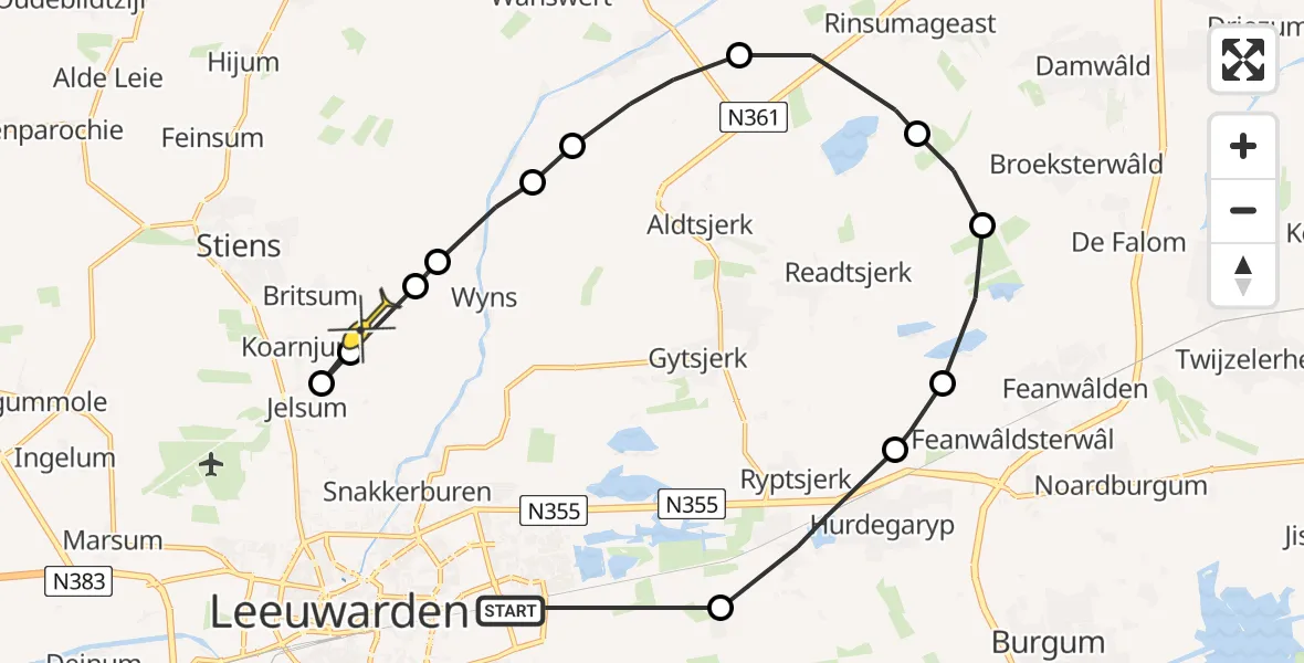 Routekaart van de vlucht: Ambulanceheli naar Britsum