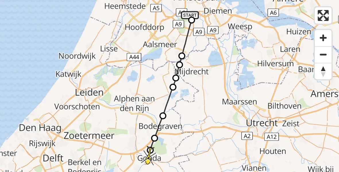 Routekaart van de vlucht: Lifeliner 1 naar Gouda