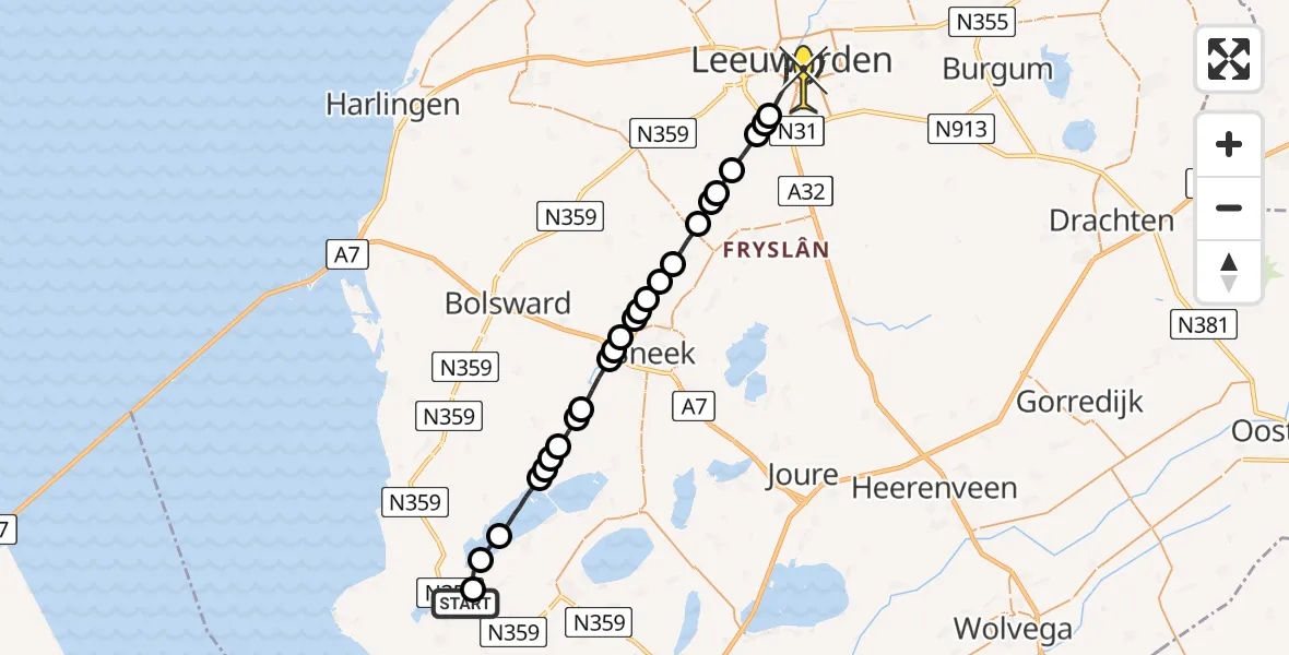 Routekaart van de vlucht: Lifeliner 4 naar Leeuwarden