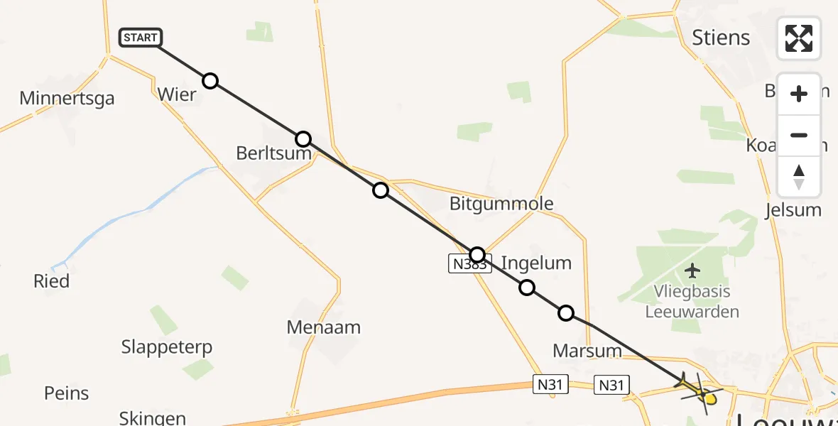 Vluchtroute Ambulancehelikopter van Minnertsga naar Leeuwarden