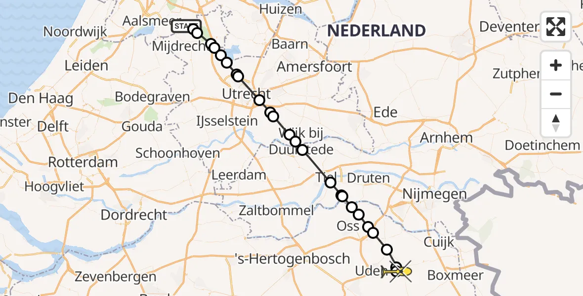 Routekaart van de vlucht: Politieheli naar Vliegbasis Volkel