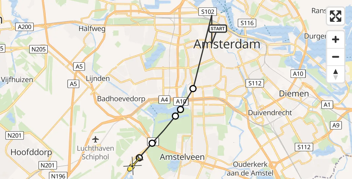 Routekaart van de vlucht: Politieheli naar Aalsmeer