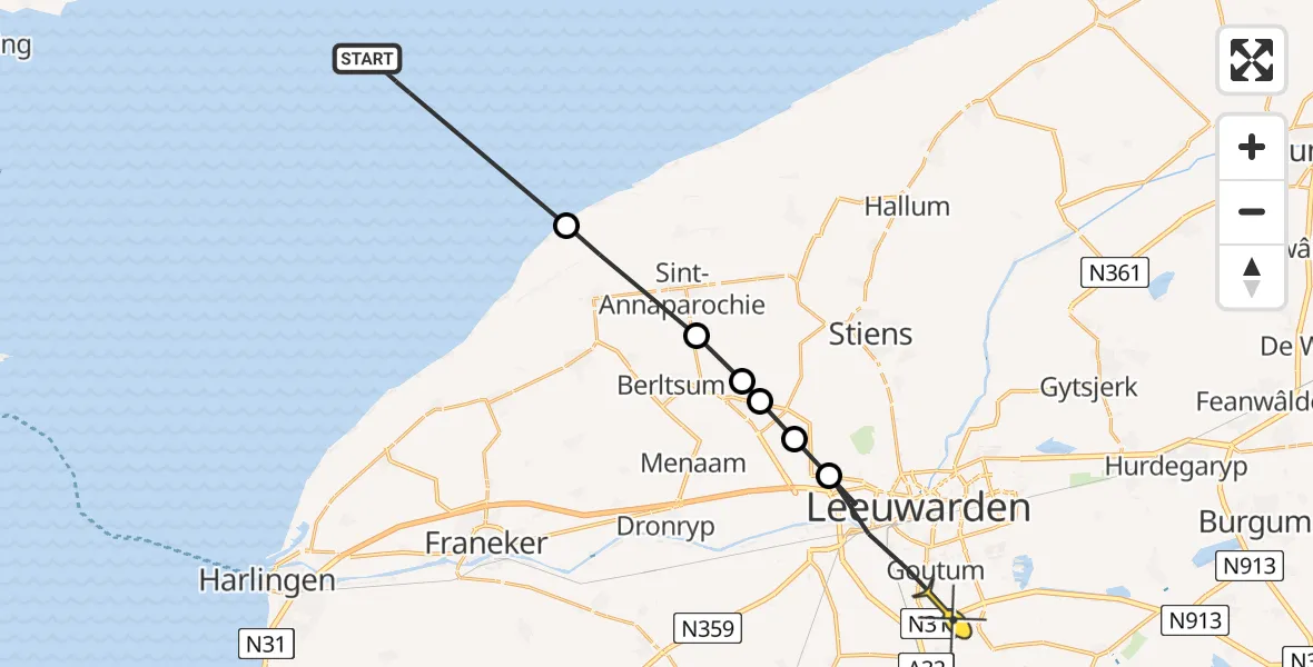 Routekaart van de vlucht: Ambulanceheli naar Leeuwarden