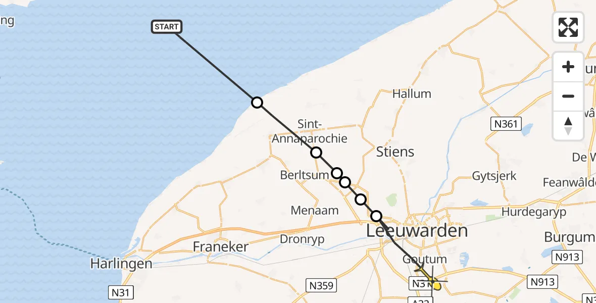 Routekaart van de vlucht: Ambulancehelikopter naar Leeuwarden