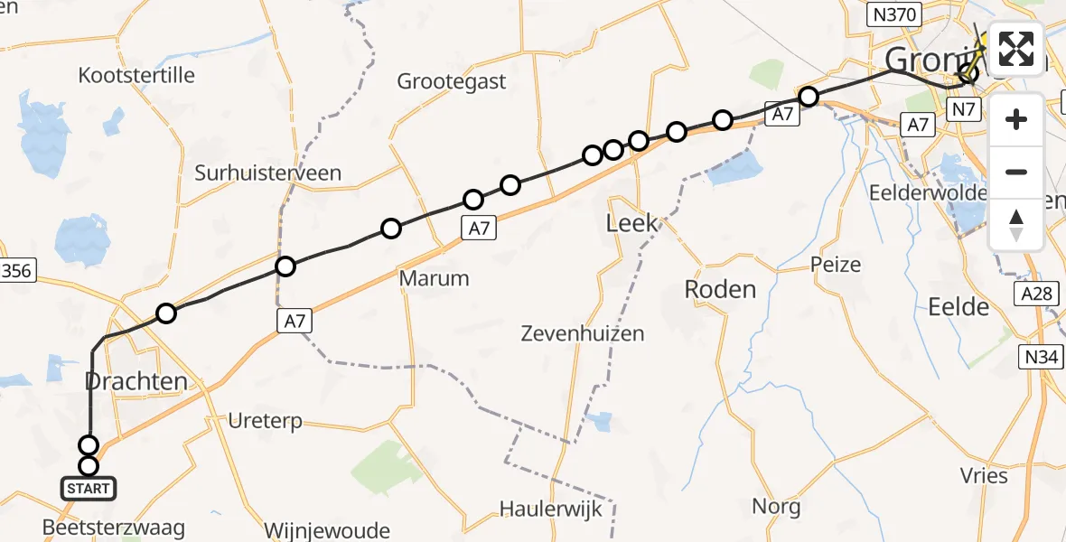 Routekaart van de vlucht: Lifeliner 4 naar Universitair Medisch Centrum Groningen