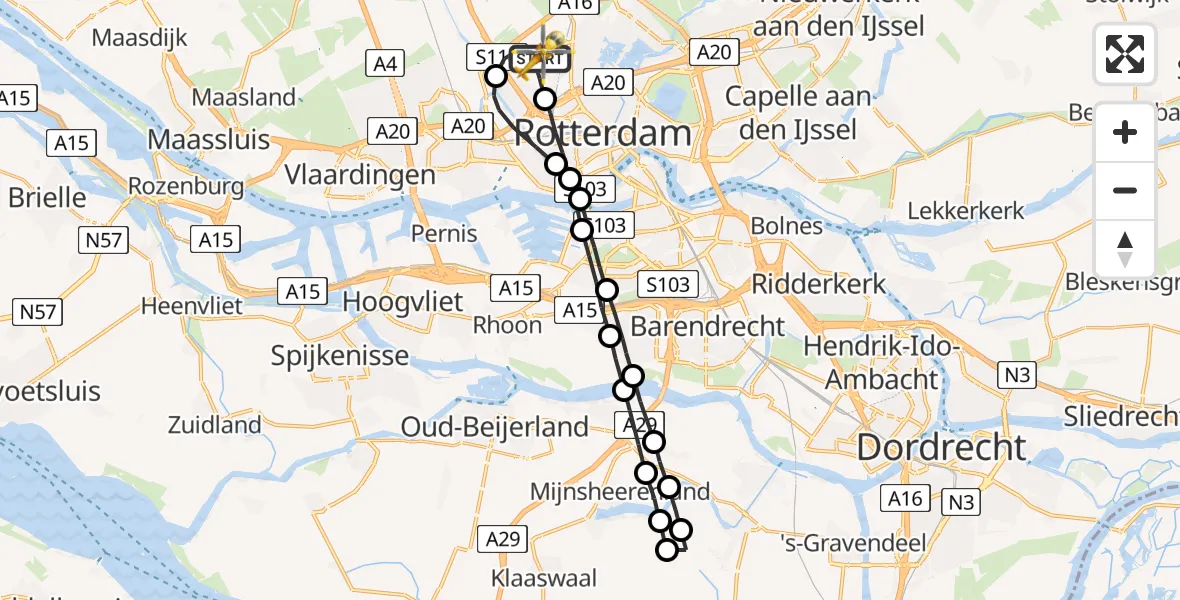 Vluchtroute Traumahelikopter Rotterdam The Hague Airport - Rotterdam The Hague Airport, 13 mei 2023, 21:01