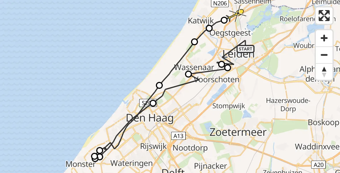 Routekaart van de vlucht: Politiehelikopter naar Sassenheim
