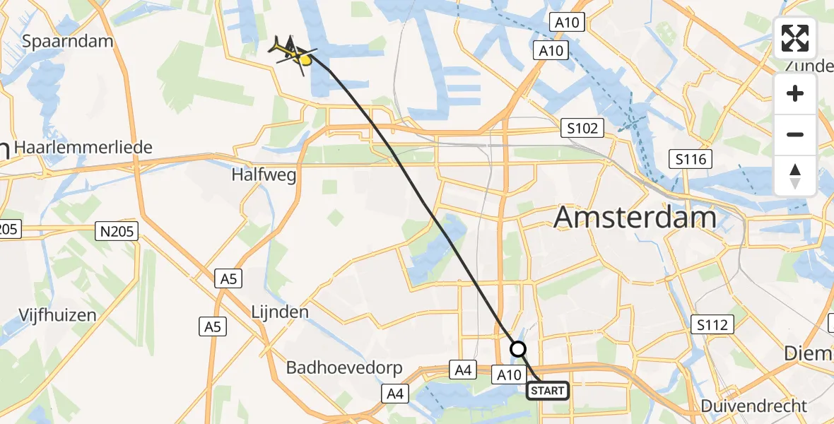 Routekaart van de vlucht: Lifeliner 1 naar Amsterdam