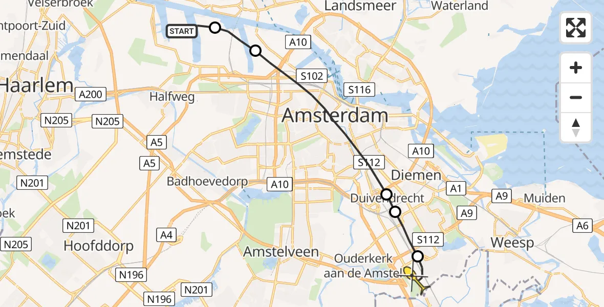 Routekaart van de vlucht: Lifeliner 1 naar Academisch Medisch Centrum (AMC)