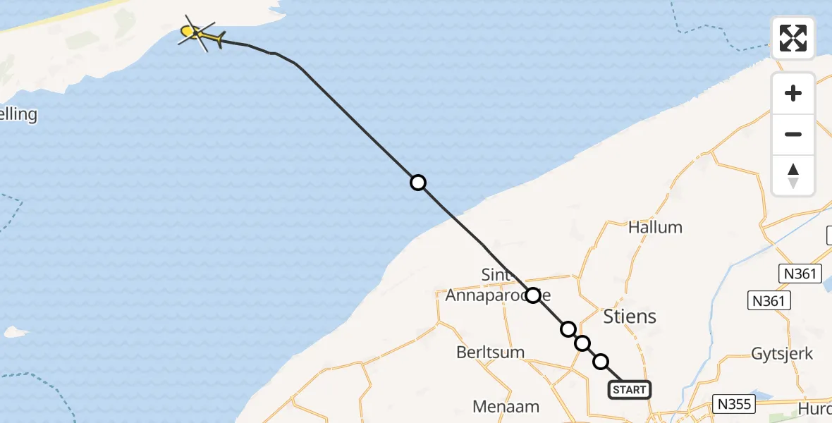 Routekaart van de vlucht: Ambulanceheli naar Oosterend