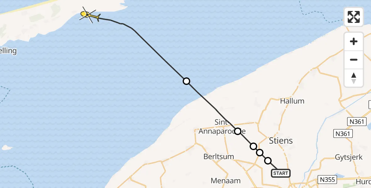 Routekaart van de vlucht: Ambulancehelikopter naar Oosterend