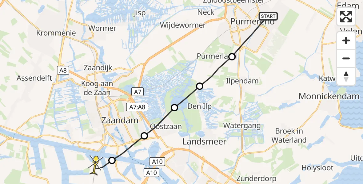 Routekaart van de vlucht: Lifeliner 1 naar Amsterdam Heliport