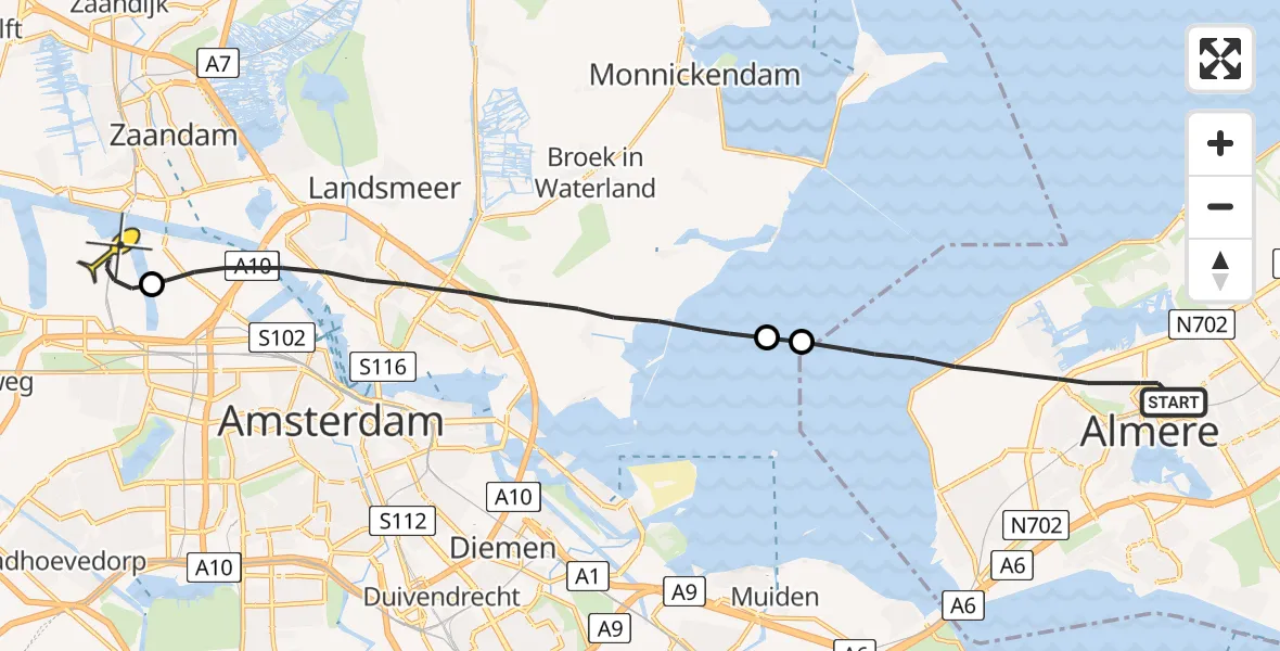 Routekaart van de vlucht: Lifeliner 1 naar Amsterdam Heliport