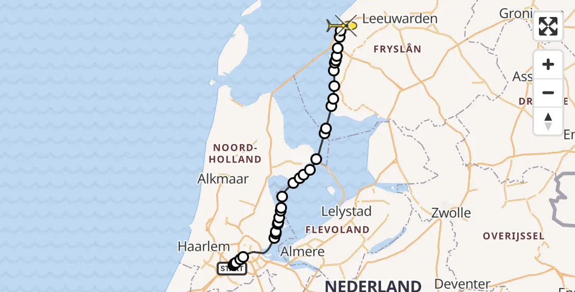 Routekaart van de vlucht: Politiehelikopter naar Harlingen