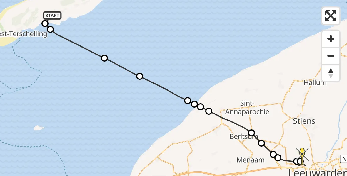 Routekaart van de vlucht: Politieheli naar Vliegbasis Leeuwarden
