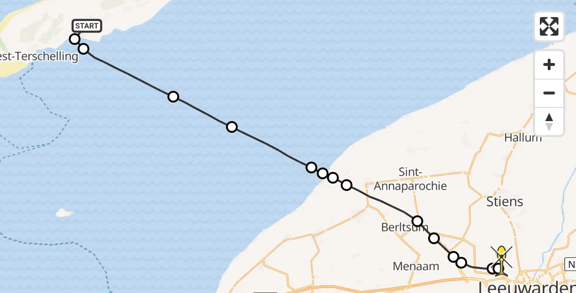 Routekaart van de vlucht: Politiehelikopter naar Vliegbasis Leeuwarden