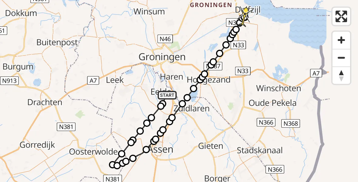 Routekaart van de vlucht: Lifeliner 4 naar Delfzijl