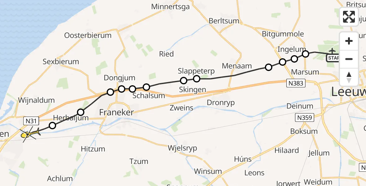 Routekaart van de vlucht: Politiehelikopter naar Harlingen