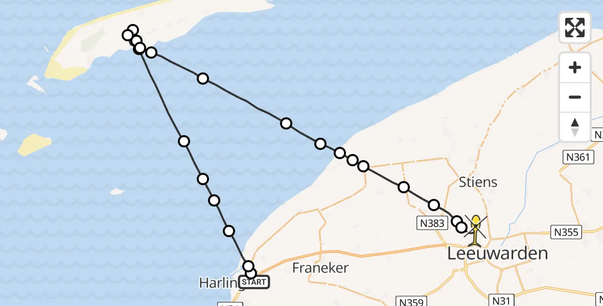Routekaart van de vlucht: Politieheli naar Vliegbasis Leeuwarden