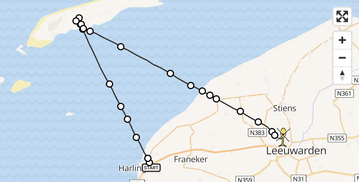 Routekaart van de vlucht: Politiehelikopter naar Vliegbasis Leeuwarden