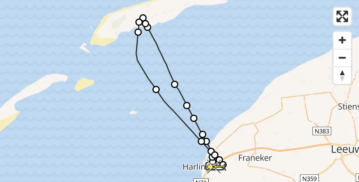 Routekaart van de vlucht: Politiehelikopter naar Harlingen