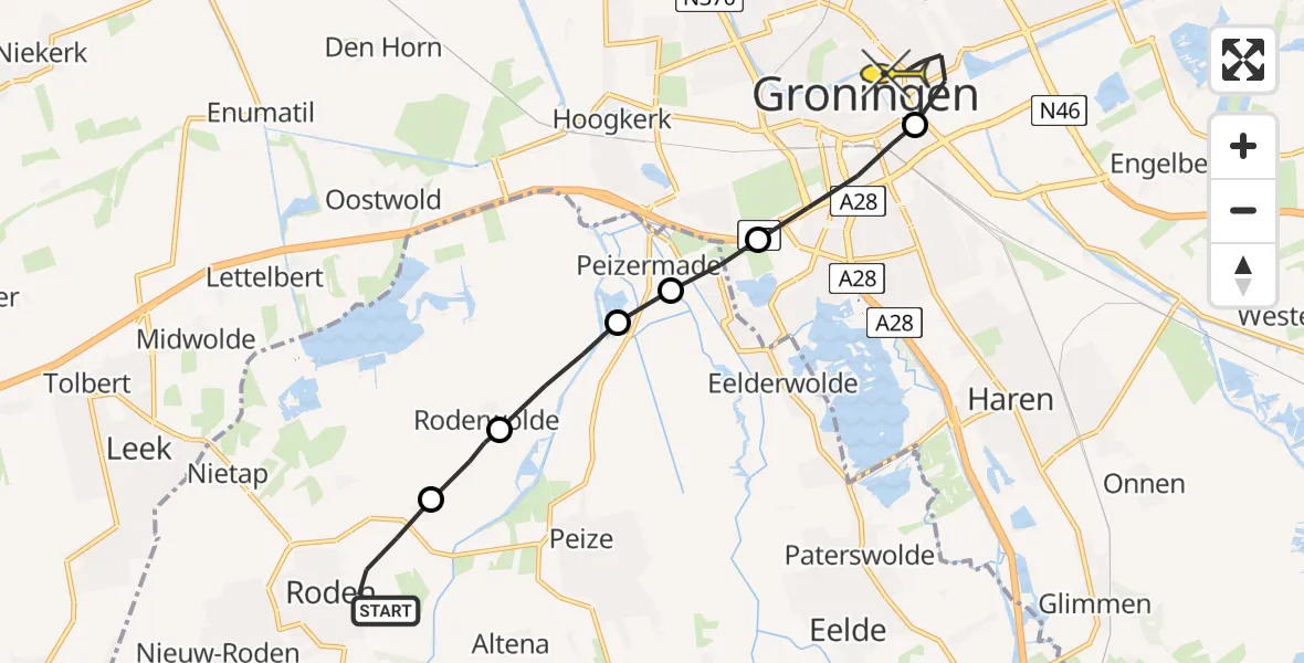 Routekaart van de vlucht: Lifeliner 4 naar Universitair Medisch Centrum Groningen