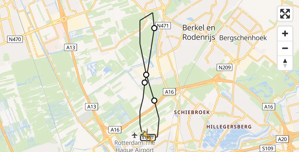 Vluchtroute Traumahelikopter Rotterdam The Hague Airport - Rotterdam The Hague Airport, 15 mei 2023, 17:04