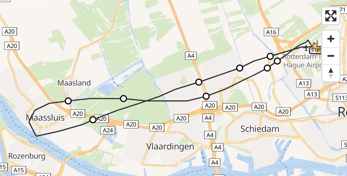 Vluchtroute Traumahelikopter Rotterdam The Hague Airport - Rotterdam The Hague Airport, 15 mei 2023, 22:24