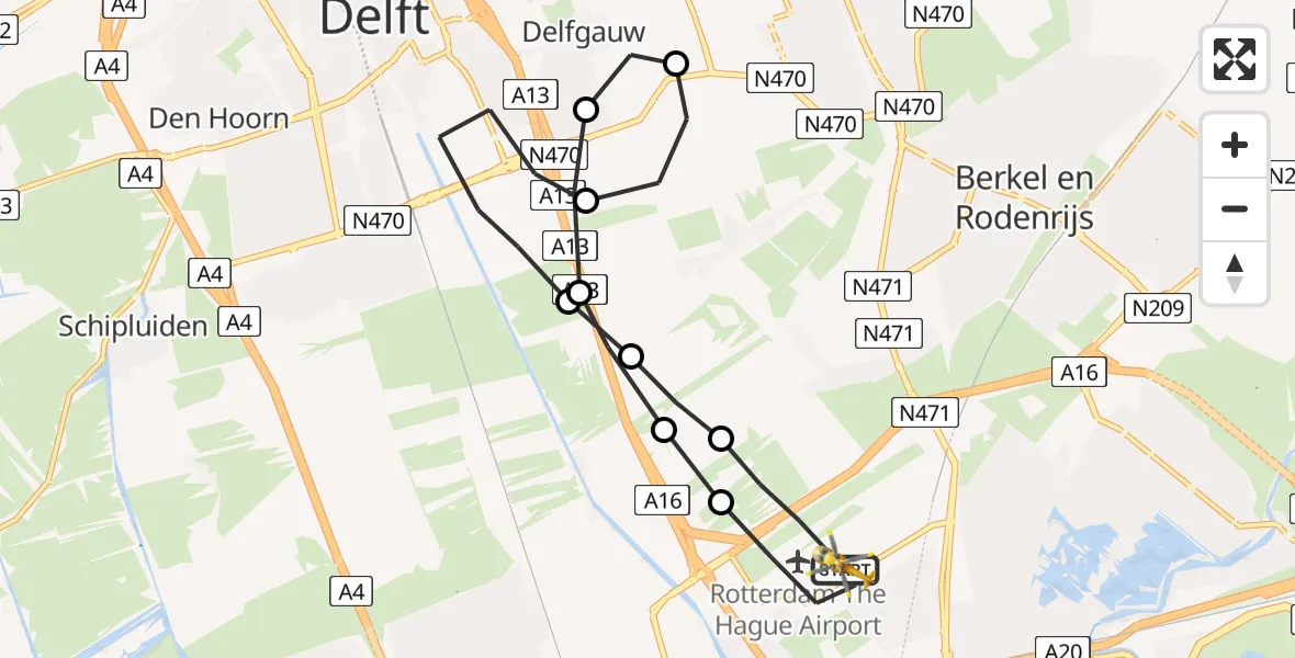Vluchtroute Traumahelikopter Rotterdam The Hague Airport - Rotterdam The Hague Airport, 16 mei 2023, 07:55