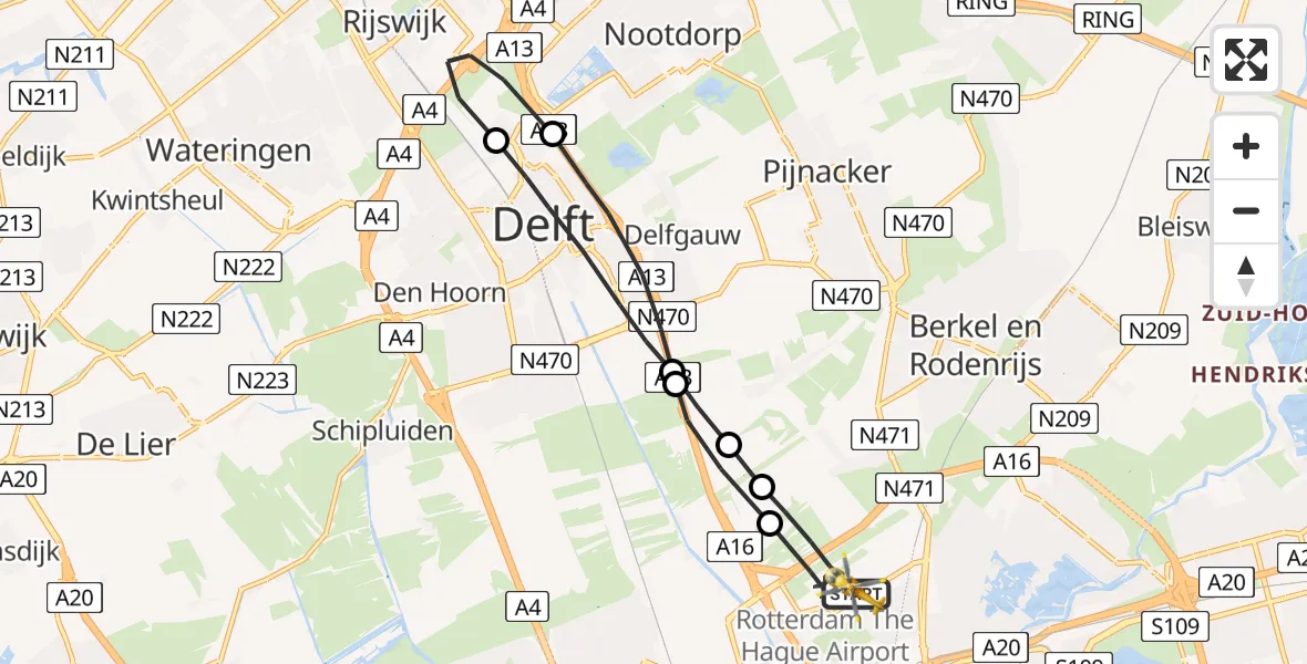 Vluchtroute Traumahelikopter Rotterdam The Hague Airport - Rotterdam The Hague Airport, 16 mei 2023, 09:05
