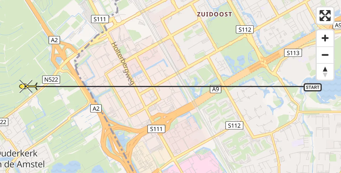 Routekaart van de vlucht: Politiehelikopter naar Ouderkerk aan de Amstel