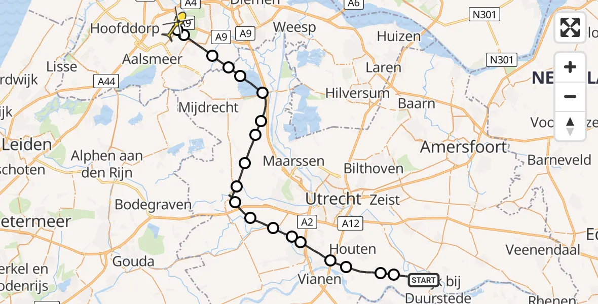 Routekaart van de vlucht: Politieheli naar Schiphol