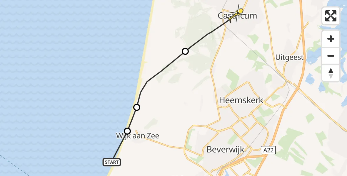 Routekaart van de vlucht: Politieheli naar Castricum
