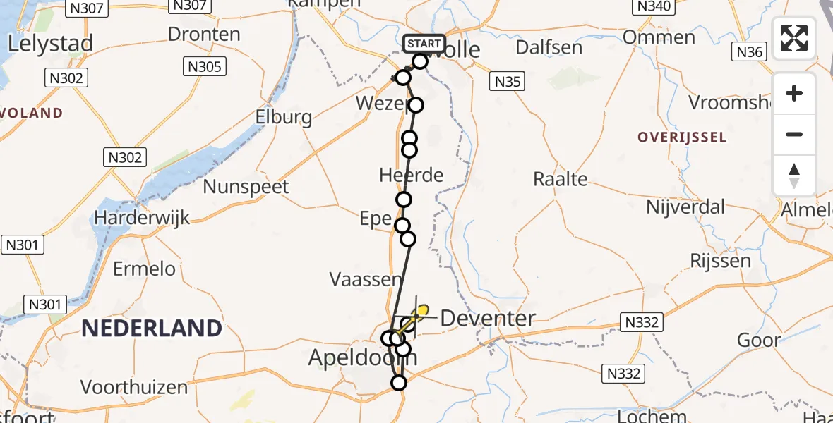 Routekaart van de vlucht: Politieheli naar Vliegveld Teuge