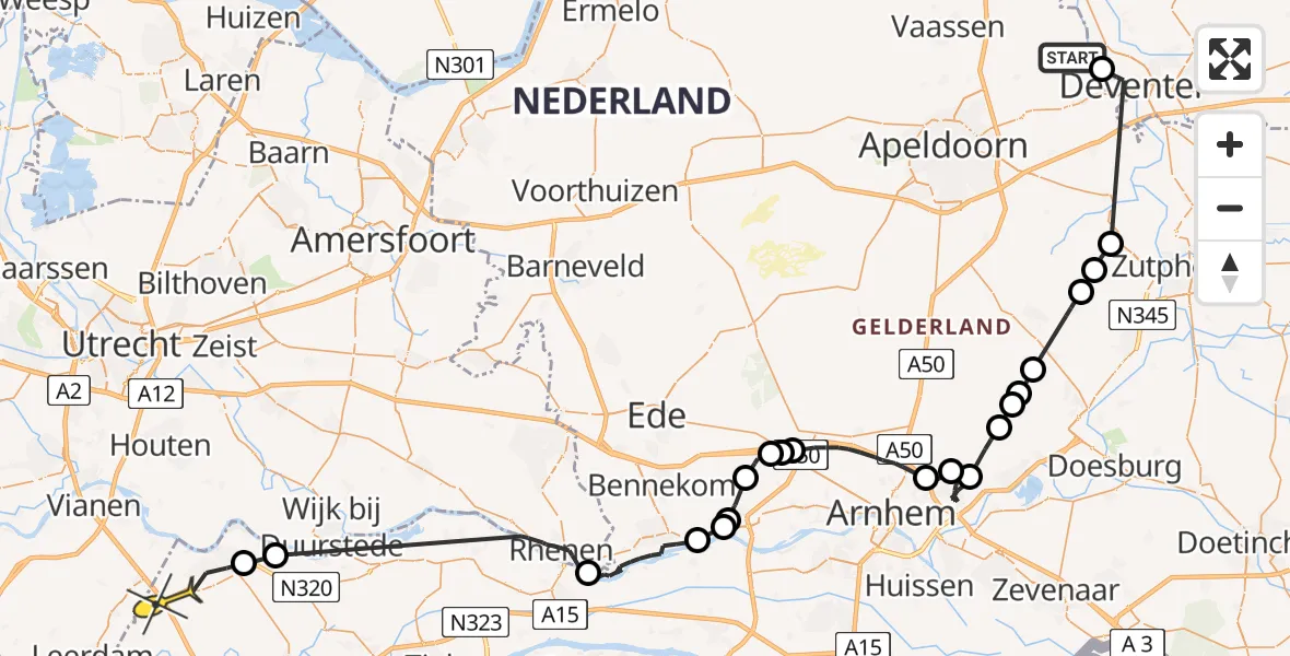 Routekaart van de vlucht: Politieheli naar Culemborg