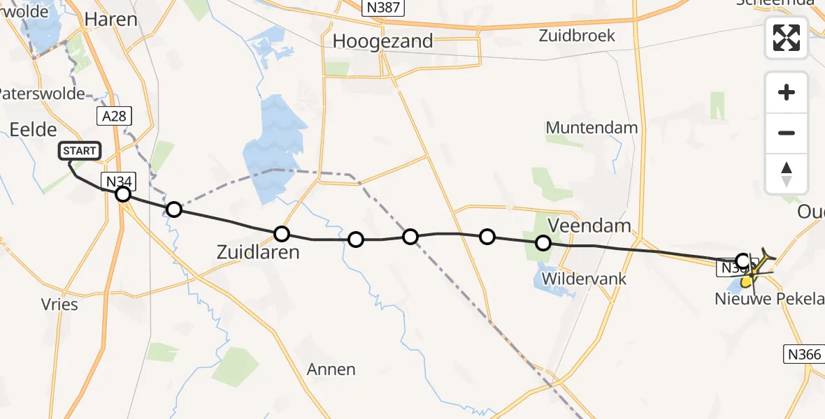 Routekaart van de vlucht: Lifeliner 4 naar Nieuwe Pekela